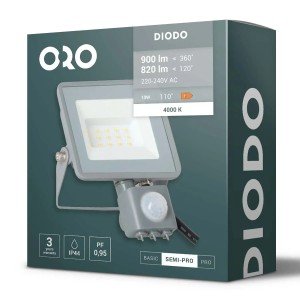 ORO Naświetlacz LED DIODO czujnik PIR 10W 4000K 820lm IP44 szary