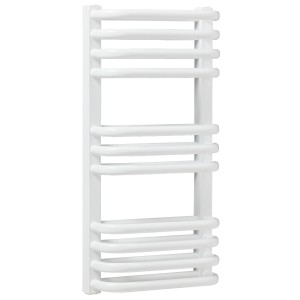 Biały grzejnik t.b.t. z poziomymi rurami grzewczymi. Grzejnik łazienkowy.