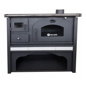 Czarny piec kuchenny t.b.t. na drewno z piekarnikiem i płytą grzewczą.