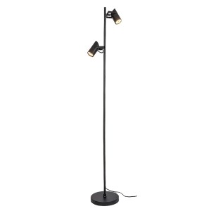 Czarna lampa podłogowa t.b.t. z dwoma regulowanymi reflektorami do salonu.