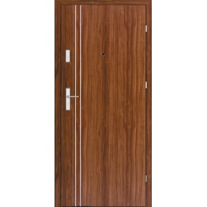 Brązowe drzwi wewnętrzne z fakturą drewna, srebrnymi akcentami i klamką.