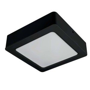 Kwadratowy plafon LED t.b.t. w kolorze czarnym z białym dyfuzorem.
