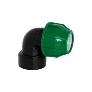 Czarny kolanko t.b.t. do nawadniania podziemnego z zieloną nakrętką.