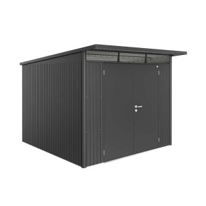 Metalowy domek narzędziowy w kolorze antracytowym z podwójnymi drzwiami. Idealny do przechowywania w ogrodzie.