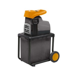 Elektryczny rozdrabniacz ogrodowy z pojemnikiem i kołami.