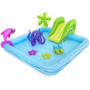 Centrum zabaw wodnych Bestway Aquarium ze zjeżdżalnią, delfinem, ośmiornicą i innymi stworzeniami morskimi.