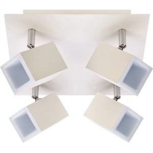 Biała lampa sufitowa t.b.t. Plafony z czterema kubicznymi reflektorami.