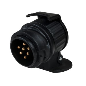 Czarny adapter t.b.t. do haka holowniczego z siedmioma złotymi pinami.