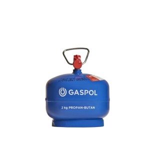 Niebieska butla gazowa 2 kg propan-butan GASPOL do kempingu i rekreacji.