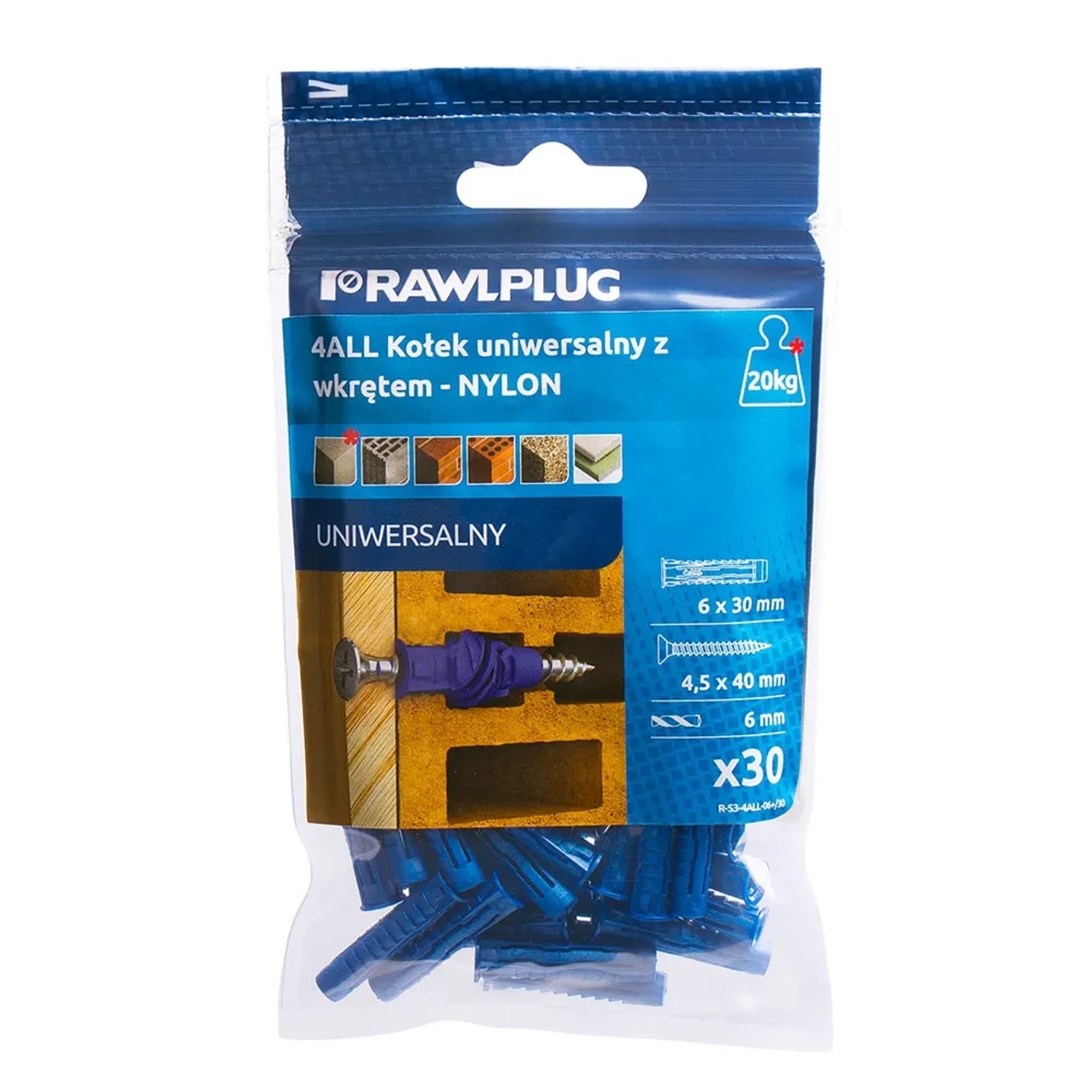 Rawlplug Kołek 4All uniwersalny 6x30mm z wkrętem 30 szt