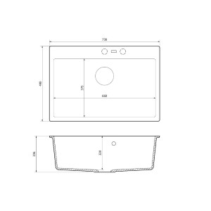 Rysunek techniczny zlewozmywaka granitowego t.b.t. z wymiarami.