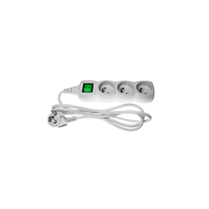 Biała listwa zasilająca t.b.t. z zielonym włącznikiem i wtyczką do użytku wewnętrznego.