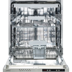 Otwarta, srebrna zmywarka do zabudowy t.b.t. z wysuniętymi koszami.