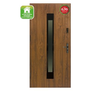 Brązowe drzwi zewnętrzne z szybą i współczynnikiem Ud 0,70 W/m²K.