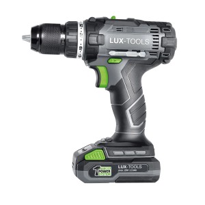 Wiertarko-wkrętarka akumulatorowa LUX 20V z akumulatorem i akcesoriami w walizce.