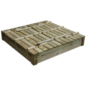 Kwadratowa drewniana piaskownica t.b.t. z pokrywą z drewnianych listew.