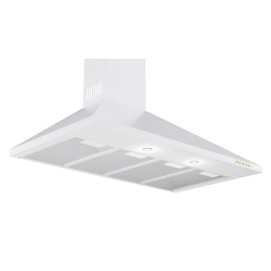 Biały okap ścienny t.b.t. z oświetleniem i filtrami do kuchni.