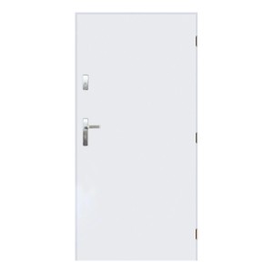 Białe drzwi zewnętrzne z srebrną klamką i zamkiem.