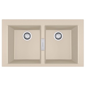 Beżowy zlewozmywak granitowy t.b.t. z dwiema komorami i centralnym pokrętłem sterującym.