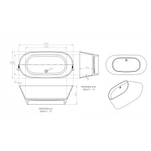Rysunek techniczny wanny wolnostojącej z wymiarami.