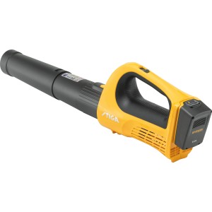 Akumulatorowa dmuchawa do liści Stiga BL 100e z akumulatorem i ładowarką, żółto-czarna.