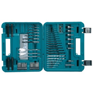 Zestaw wierteł t.b.t. w turkusowej walizce, różne wiertła i bity.