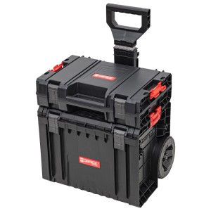 Czarna skrzynka narzędziowa t.b.t. z kółkami i teleskopową rączką.