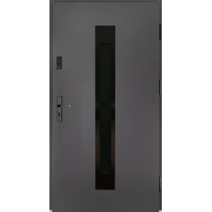 Szare drzwi zewnętrzne z wąskim, pionowym przeszkleniem i srebrną klamką.