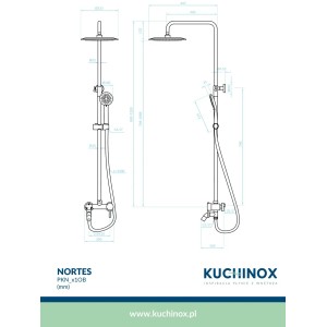 Rysunek techniczny kolumny prysznicowej z wymiarami.
