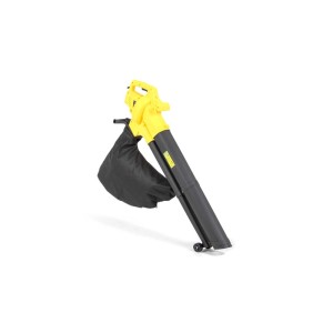 Żółto-czarny odkurzacz/dmuchawa do liści z workiem na liście. Idealny do prac ogrodowych.