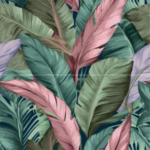 Płytka dekoracyjna z motywem tropikalnych liści w odcieniach zieleni i różu.