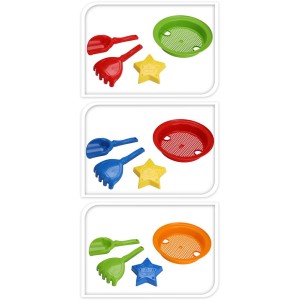 Zestaw zabawek dla dzieci: łopatka, grabki, kształt gwiazdy i sito w różnych kolorach.