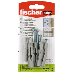 Fischer Uniwersalny kołek rozporowy FU 8 x 50 SK ze śrubą, zestaw 6 szt., pewne mocowanie w wielu materiałach budowlanych.