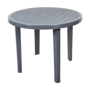 Szary, okrągły stół ogrodowy t.b.t. z czterema nogami.