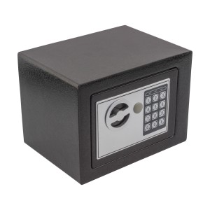 Czarny sejf t.b.t. z cyfrowym zamkiem na kosztowności.