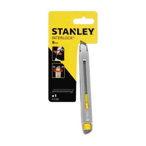 Nóż Stanley Interlock 9 mm, metalowy korpus z żółtym suwakiem.