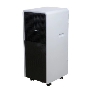 Biały, przenośny klimatyzator t.b.t. z czarnym panelem przednim i kółkami.