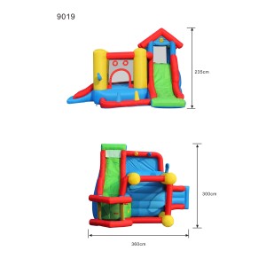 Nadmuchiwany zamek do skakania ze zjeżdżalnią i przeszkodami, wymiary są pokazane.