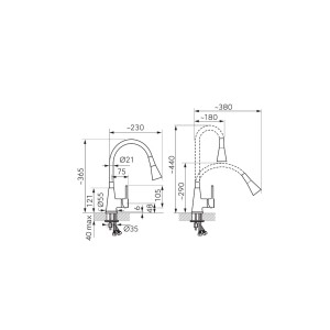 Rysunek techniczny: bateria jednouchwytowa t.b.t. z wymiarami.
