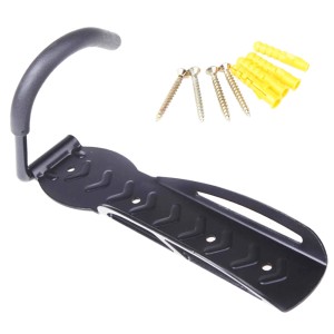 Czarny uchwyt ścienny na rowery, w zestawie śruby i kołki.