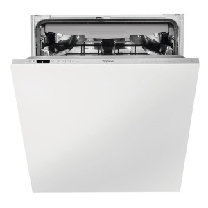 Otwarta, biała zmywarka do zabudowy. Widoczne wnętrze z koszami na naczynia.