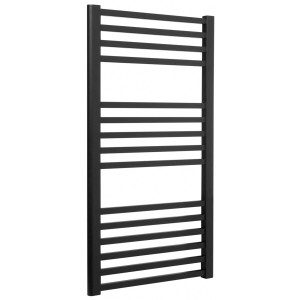 Czarny grzejnik t.b.t. z poziomymi elementami grzejnymi do łazienki i salonu.