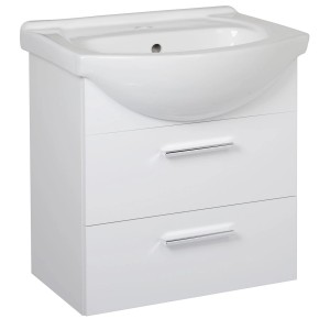Biała szafka pod umywalkę z dwiema szufladami, część zestawu mebli łazienkowych t.b.t.