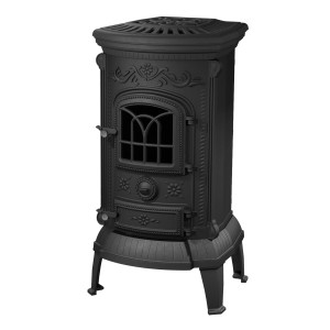 Czarny piec żeliwny z ozdobnymi detalami i szybą.