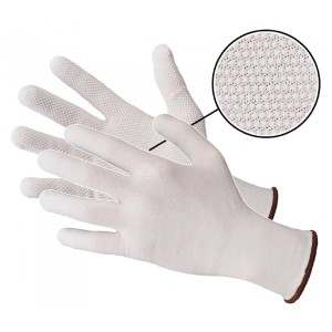 Białe rękawice robocze t.b.t. o delikatnej teksturze i brązowym obszyciu.