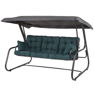 Huśtawka ogrodowa t.b.t. z szarym daszkiem i zielono-niebieskimi poduszkami w paski.