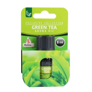 Olejek zapachowy Green Tea (8ml) Metrox w zielonym opakowaniu. Odświeżacz powietrza dla przyjemnego klimatu w pomieszczeniu.
