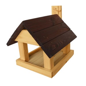 Drewniany karmnik dla ptaków z brązowym dachem do dekoracji ogrodu.