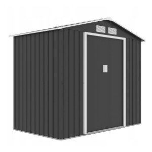 Szary metalowy domek narzędziowy z drzwiami i kratkami wentylacyjnymi.