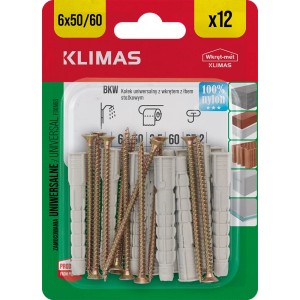 Kołki Klimas ze śrubami, 6x50/60, opakowanie 12 sztuk, odpowiednie do różnych materiałów.